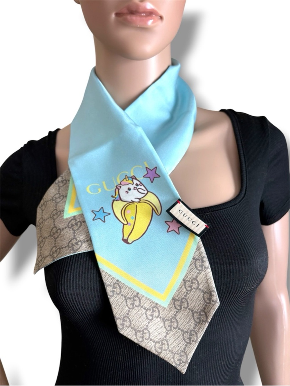 Gucci Brown & Light Blue Silk Monogram Scarf with Banana Graphic - Picture 2 of 13
